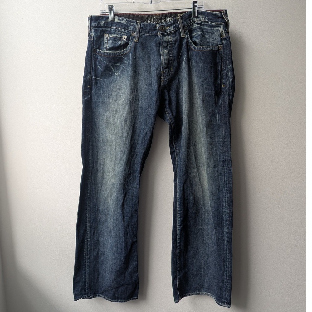 Vtg Y2K Guess Jeans Rebel Low Rise Straight Dark Wash Denim 38x30 Distressed
